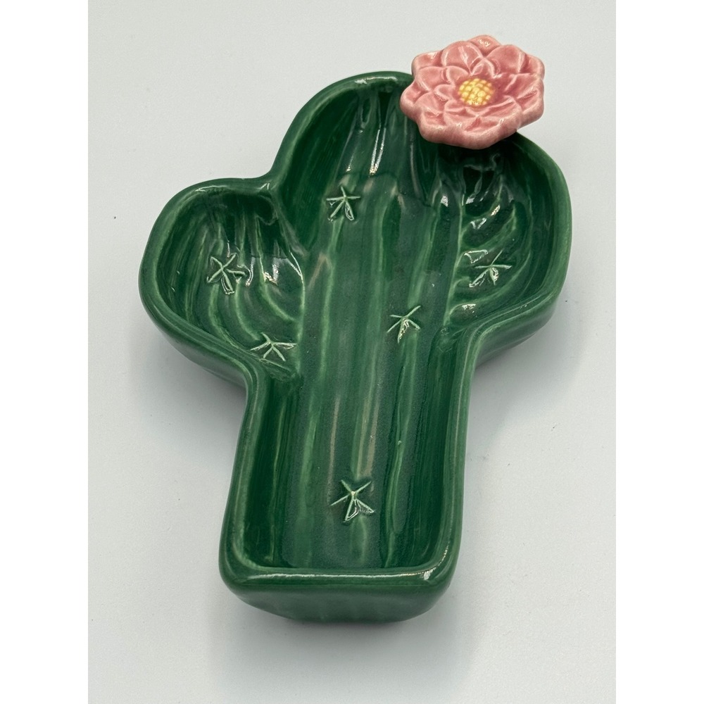 Treasure Craft USA Ceramic Cactus Spoon Rest Green Pink Flower Desert Southwest